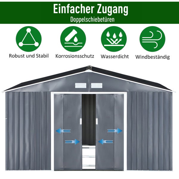 Outsunny Gerätehaus mit Bodenplatte, Gartenhaus, 20m³, 340 x 386 x 200 cm, Stahl, Kohlegrau