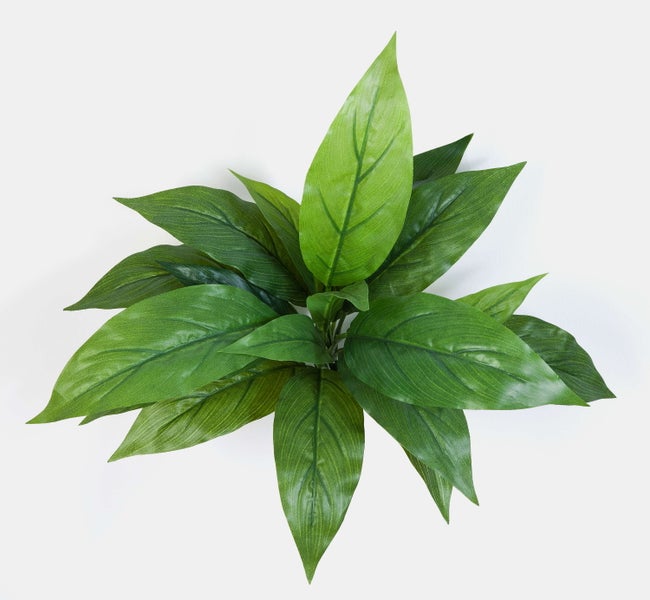 Künstliche Pflanze mit großen, spitz zulaufenden Blättern und sichtbarer Blattstruktur in der Draufsicht.