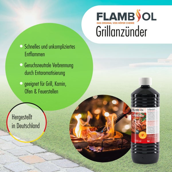 Flambol Grillanzünder in einer schwarzen Flasche mit Hinweisen zu schneller Entflammbarkeit, geruchsneutraler Verbrennung und Eignung für Grill, Kamin, Ofen und Feuerstellen, hergestellt in Deutschland