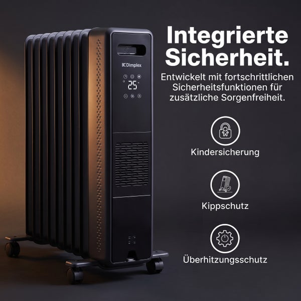 Dimplex Oelradiator mit digitalem Display, Kindersicherung, Kippschutz und Ueberhitzungsschutz.