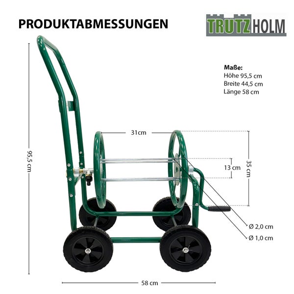 Trutzholm Schlauchwagen mit Bemaßung. Stabiler Metallschlauchwagen für Gartenschläuche mit Rädern und Kurbel zur einfachen Handhabung.
