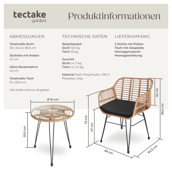 Tectake Garden Produktinfo für Gartenmöbelset aus Stahl, Polyethylen, Polyester und Glas inklusive Maße in Zentimetern und technischer Daten.