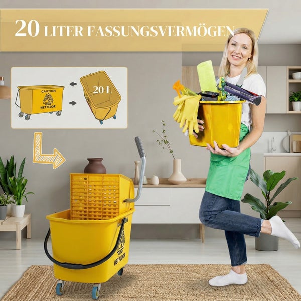 Wischmoppwagen mit 20 Liter Fassungsvermögen und integrierter Presse für die professionelle Bodenreinigung im Haushalt oder Gewerbe.