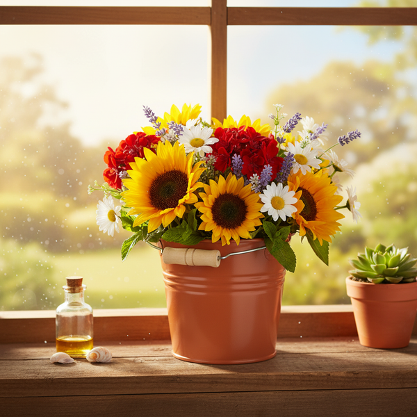 Bunter Blumenstrauß aus Sonnenblumen, Margeriten und Lavendel in einem Metalleimer auf einem hölzernen Fenstersims neben einer Sukkulente im Topf.