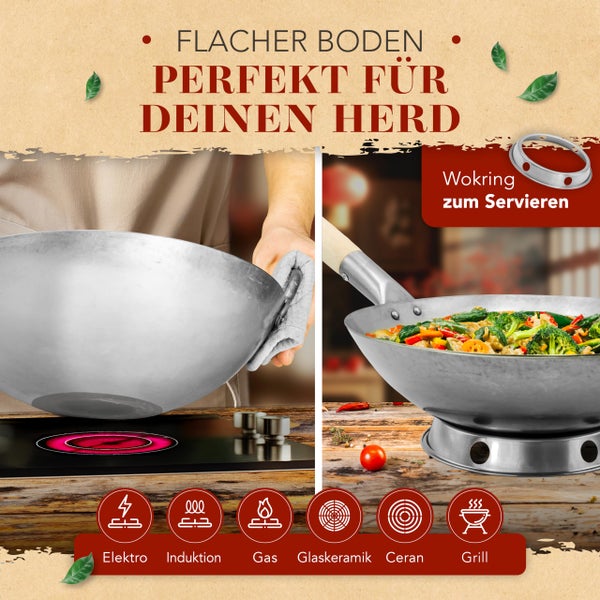 KRUSTENZAUBER 36cm Wokpfanne Induktion flacher Boden - Traditionelle Stahlwokpfanne mit Wokwender u. Wokring - Wok Pfanne, Wok Induktion, Woklette, Wok Zubehör, Carbon Steel Wok Karbonstahl