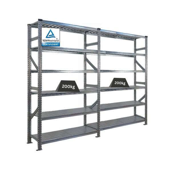 Regalsystem mit Traglastangabe 200 kg und TÜV Rheinland Zertifizierung