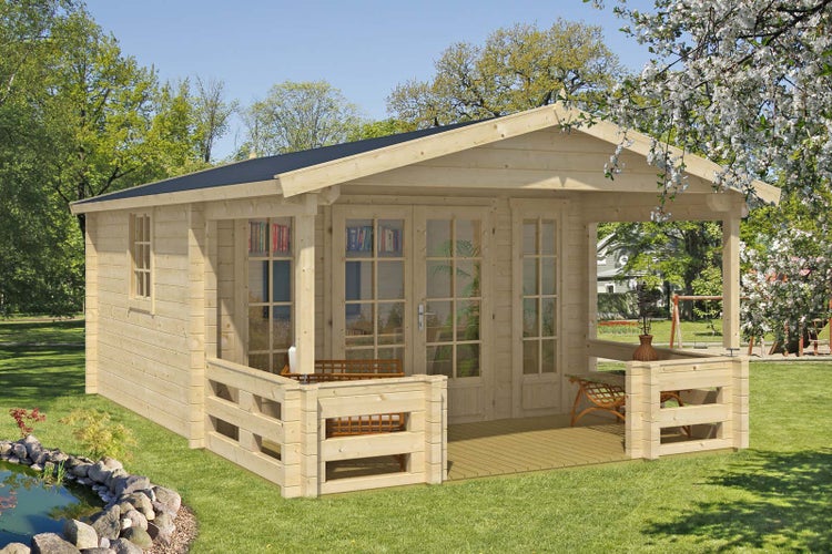 Alpholz Gartenhaus Lappland-A ISO Gartenhaus aus Holz Holzhaus mit 44 mm Wandstärke inklusive Terrasse FSC zertifiziert, Blockbohlenhaus mit Montagematerial imprägniert