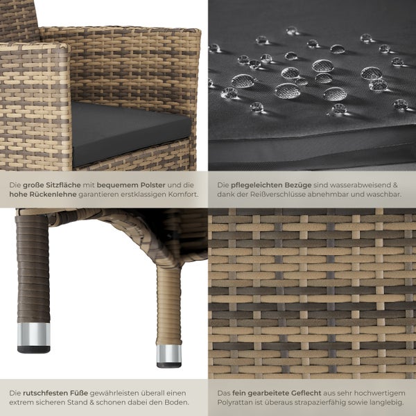 Detailansicht eines Rattansessels mit Polster, wasserabweisendem Bezug und rutschfesten Füßen.