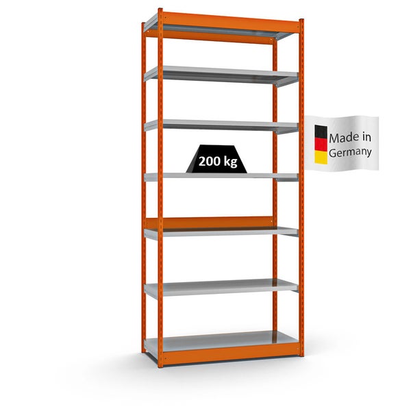 PROREGAL Fachbodenregal Stecksystem Vierkant-Profil Grundregal HxBxT 300 x 132,5 x 50 cm 7 Ebenen Einseitige Bauart Fachlast 200 kg Orange