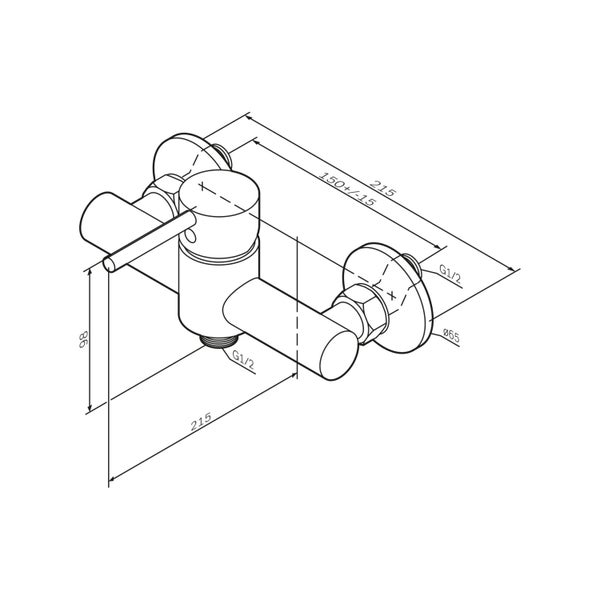 Technische Zeichnung einer Wand-Brausearmatur mit Maßangaben in Millimetern und G 1/2 Zoll Anschlüssen.