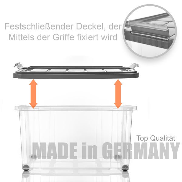 BigDean 4 Stück 60 L Aufbewahrungsbox mit Deckel groß stahlgrau - stapelbare robuste Box BPA-frei - rollbare Stapelbox mit festen Klickverschlüssen - Made in Germany