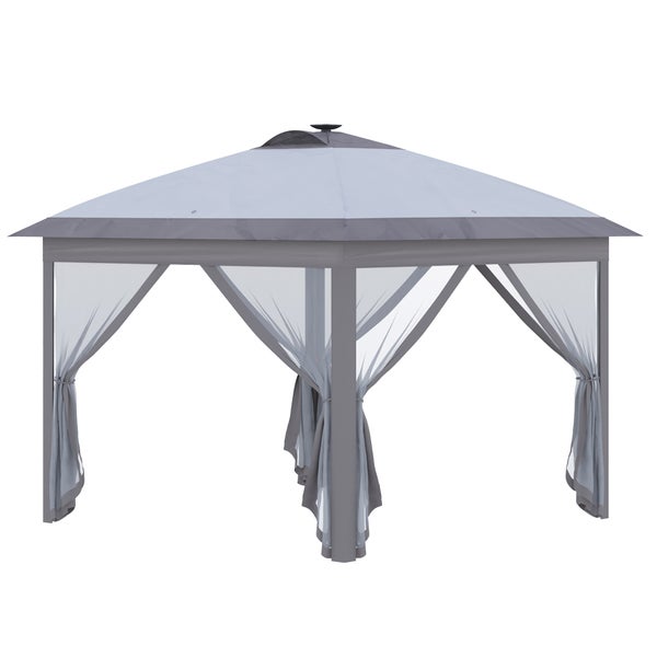 Outsunny Pavillon  3,3 x 3,3 m Faltpavillon mit LED, USB-Ladeanschluss Pop-Up-Pavillon mit Mesh-Seitenwände Gartenpavillon mit Sonnenschutz inkl. Tasche Oxford Grau