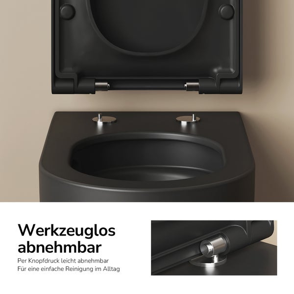 WC-Sitz mit Quick-Release-Funktion zur werkzeuglosen Abnahme per Knopfdruck für eine einfache Reinigung im Alltag.