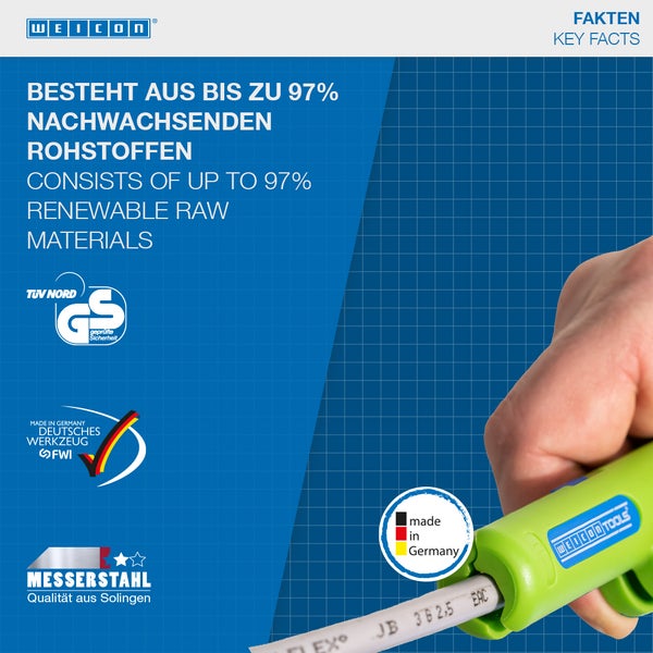 Produktinformationen: Bis zu 97% nachwachsende Rohstoffe, TÜV Nord geprüft, Deutsches Werkzeug FWI, Messerqualität aus Solingen, Hergestellt in Deutschland, Weicon Logo.
