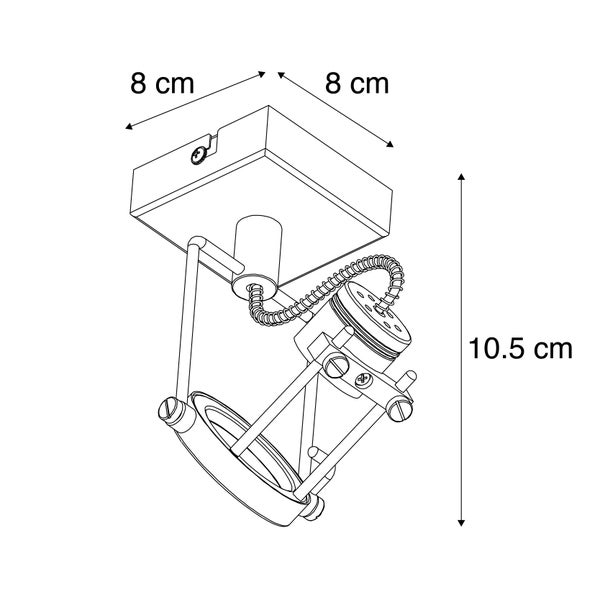 Technische Zeichnung einer Deckenleuchte mit den Maßen 8 mal 8 mal 10,5 Zentimeter.