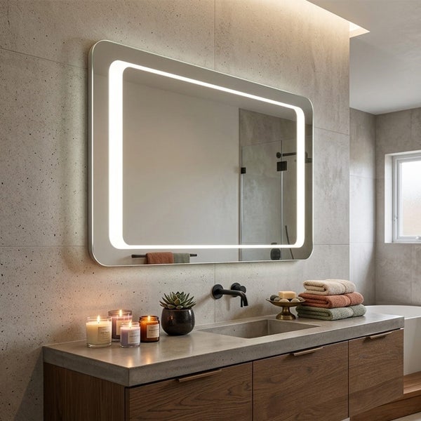 Modernes Badezimmer mit beleuchtetem Spiegel, Holzunterschrank und Waschtisch in Betonoptik. Die Wände sind mit hellen Steinfliesen gestaltet.