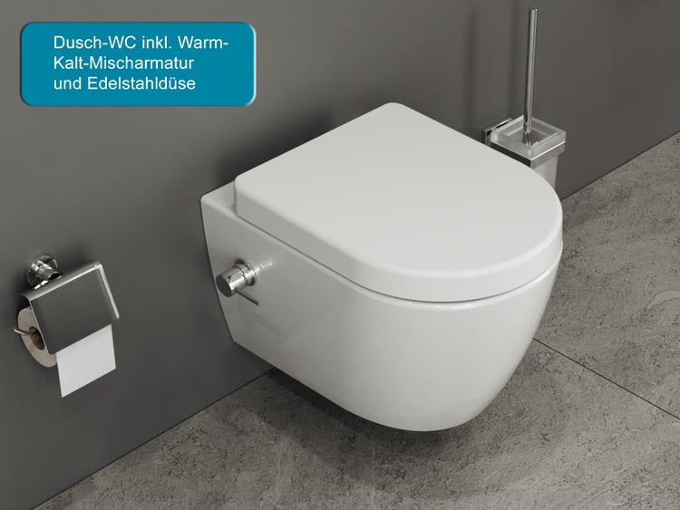 Aqua Bagno Taharet Hänge-Dusch-WC New Cloud 2.0 – Spülrandlos – Weiß – Bidetfunktion mit Warm-/Kaltwasser