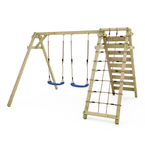 WICKEY Kinderschaukel Schaukelgestell Smart Cliff Schaukel, Schaukelgerüst, Doppelschaukel, Holzschaukel mit Kletteranbau - blau