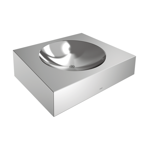Quadratisches Waschbecken aus Edelstahl mit runder Beckenform und KWC Logo.