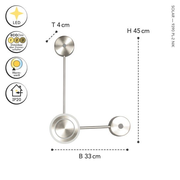 LED-Wandleuchte oder Deckenleuchte mit 3 Kreisen, Maße 45 mal 33 mal 4 Zentimeter, warmweiß, dimmbar über Wandschalter, Schutzart IP20.