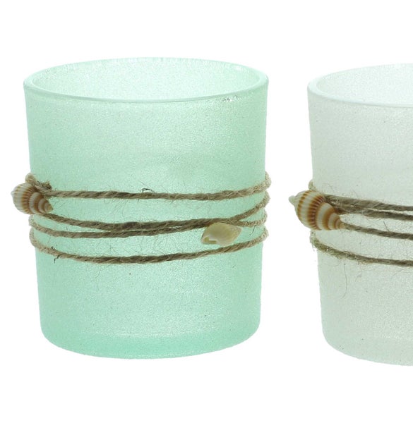 FRANK FLECHTWAREN | Windlicht Maritima, 3er Set, 7 x 7 x 8 cm, GLAS, MUSCHELN, JUTE,