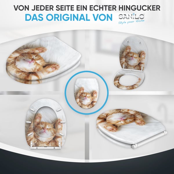 Sanilo Toilettensitz mit Motiv eines schlafenden roten Kätzchens auf weißem Fell aus verschiedenen Blickwinkeln, Sanilo Logo.