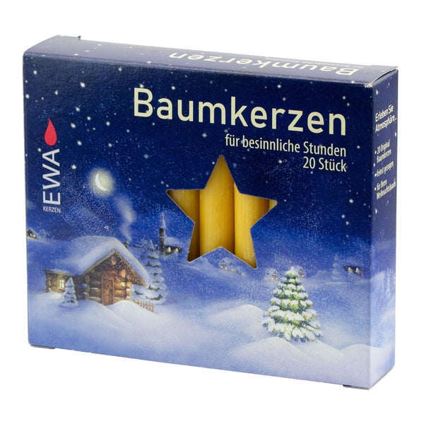 Packung mit 20 EWA Baumkerzen in einer Verpackung mit weihnachtlichem Motiv und Sternausschnitt.