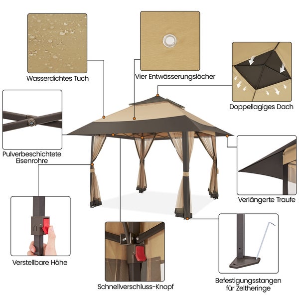 Pavillon mit wasserdichtem Tuch, vier Entwässerungslöchern, pulverbeschichteten Eisenrohren, verstellbarer Höhe, doppellagigem Dach, verlängerter Traufe, Schnellverschluss-Knopf und Befestigungsstangen für Zeltheringe