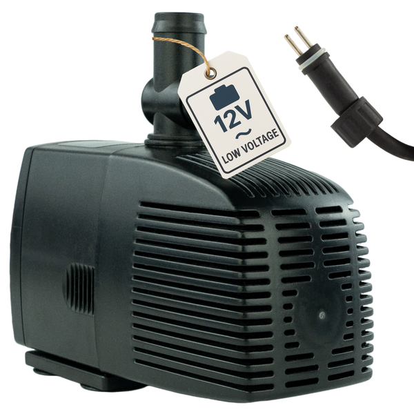 Teichpumpe mit Niedervoltanschluss 12 Volt und Stecker für Wasserspiele.