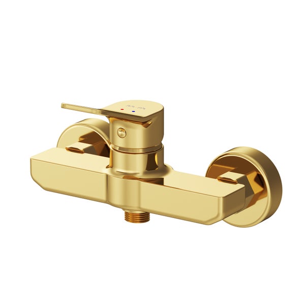 Einhebel-Brausearmatur zur Wandmontage in Gold-Optik mit flachem Griff und Brauseabgang unten.
