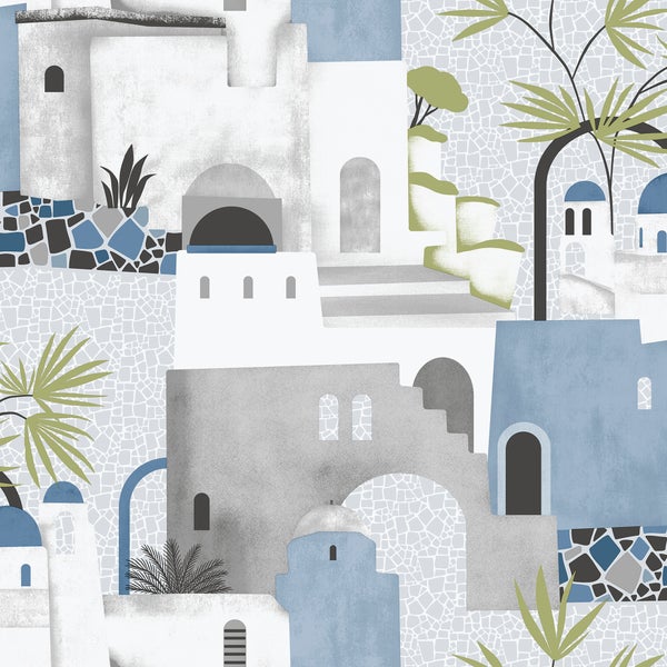 Sanders und Sanders Tapete Mediterrane Häuser Blau, Grau und Weiß - 53 cm x 10 m - 640081