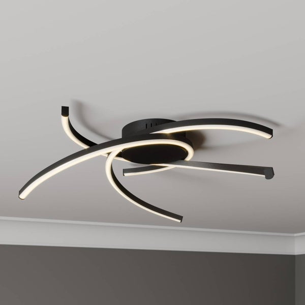 Moderne LED-Deckenleuchte in Schwarz mit geschwungenen, leuchtenden Armen.