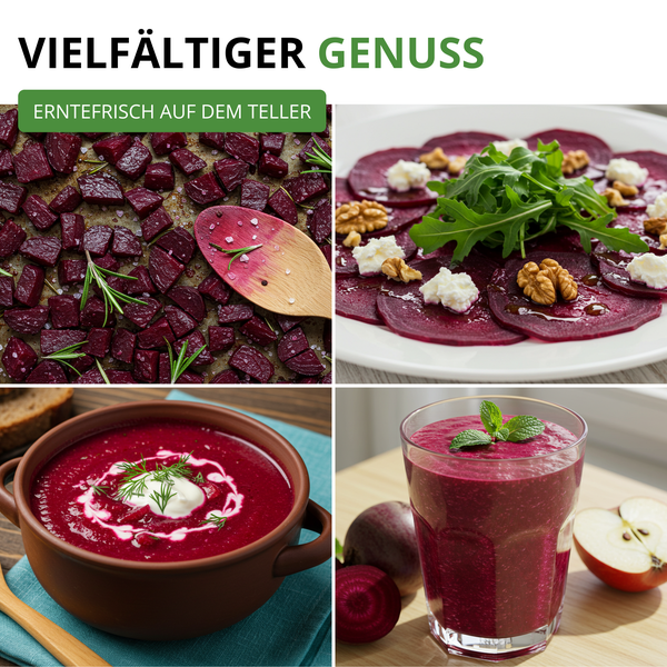 Collage verschiedener Gerichte mit Roter Bete: geröstete Rote Bete mit Rosmarin, Carpaccio mit Walnüssen, Suppe mit Sahne und ein roter Smoothie.