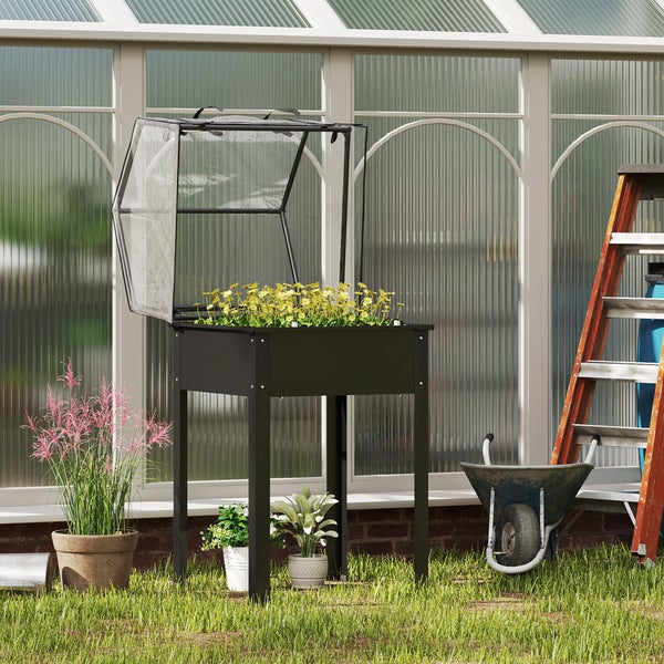Outsunny Hochbeet mit Abdeckung, erhöhtes Kräuterbeet mit Ablauflöchern, Pflanzkasten aus Metall, wetterbeständig Gemüsebeet, Gartenbeet, Pflanzbeet für Garten, Balkon, 60 x 60 x 120 cm, Schwarz