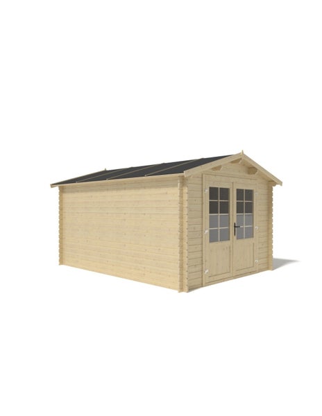 Gartenhaus aus Holz mit Satteldach und einer Doppeltür mit Lichtausschnitten.