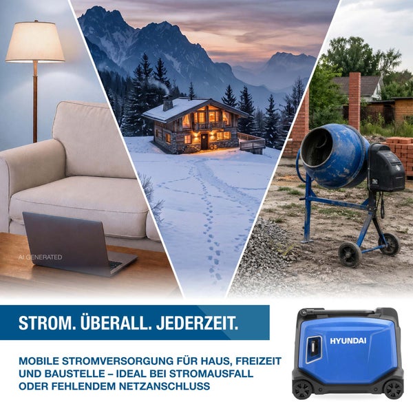 Hyundai Stromerzeuger für mobile Stromversorgung in Haus, Freizeit und auf der Baustelle als Notstromaggregat bei Stromausfall.
