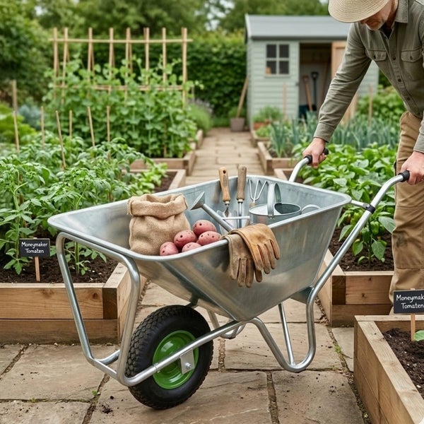 Eine verzinkte Schubkarre gefüllt mit Kartoffeln im Jutesack und Gartenwerkzeugen in einem organisierten Gemüsegarten mit Hochbeeten.