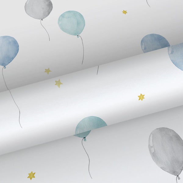 Vliestapete mit Aquarell-Motiv aus Luftballons und Sternen.