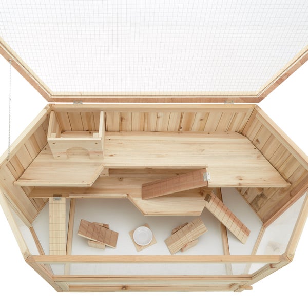 Geöffneter, mehrstöckiger Nagerkäfig aus Holz mit Treppen und Häusern