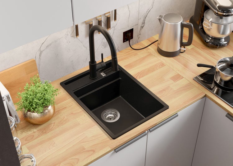 PRIMAGRAN Spülbecken Alles Schwarz 38x53cm, Granitspüle 1 Becken + Ablauf-Set + Küchenzubehörset, Küchenspüle ab 40er Unterschrank - Oslo Pocket