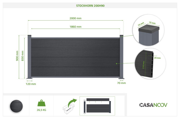 Maßzeichnung Sichtschutzzaun Stockhorn 200H90, 2000 mal 900 Millimeter, Details zu Lamellen und Pfosten, Gewicht 26,5 Kilogramm, CASANOOV Logo.
