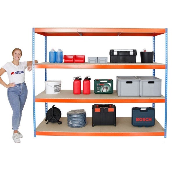 PROREGAL Schwerlastregal Wood Beast Four HxBxT 200 x 240 x 45 cm 4 Ebenen Fachlast 400 kg Blau-Orange