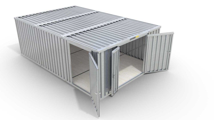 Lagercontainer Gerätehaus M3  – 18 qm, H2150 x B3050 x T6520 mm, verzinkt, mit Holzfußboden, 1830 mm Doppelflügeltür mittig in Stirnseite und 1270 mm Einflügeltür mittig in Modul C, zerlegt