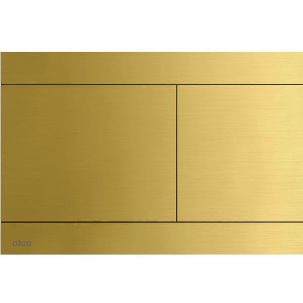 Alca Betätigungsplatte für die Toilettenspülung, Zwei-Mengen-Spülung, gebürstet, goldfarben mit Alca Logo.