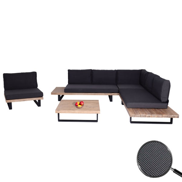 Modernes Garten-Lounge-Set aus hellen Holzlatten und schwarzem Metall mit L-förmigem Ecksofa, Sessel, Couchtisch und anthrazitfarbenen Polstern.