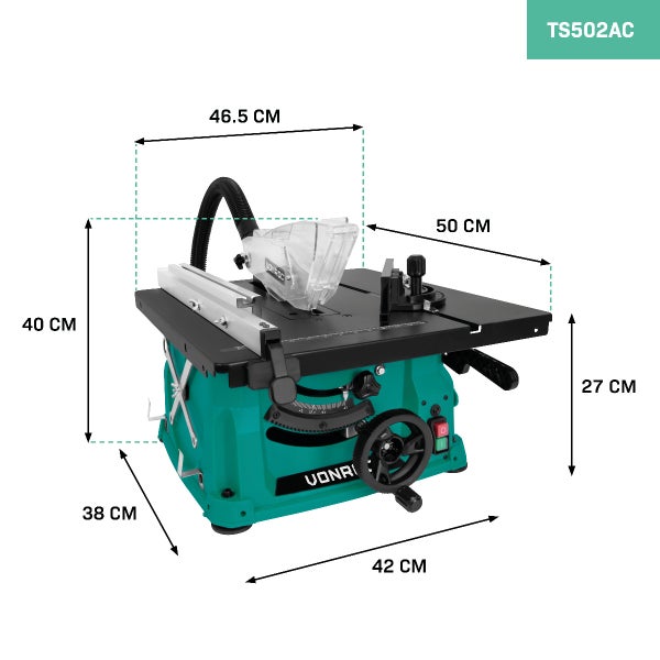 VONROC Tischkreissäge mit Untergestell und Führungsschiene 1500W - Tischsäge mit Staubabsaugung 5000U/min - 210mm - Inkl. Gehrungsführung und 40T Sägeblatt (Ohne Untergestell)