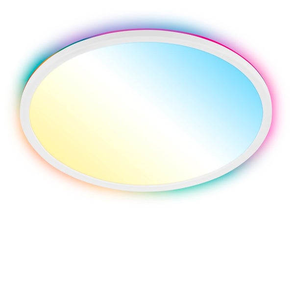 Runde flache LED-Deckenleuchte mit farbigem Backlight-Effekt und einstellbarer Lichtfarbe.