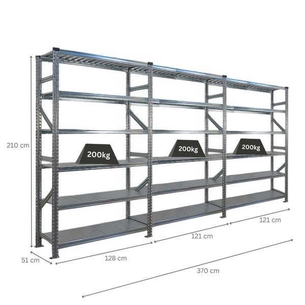 Metallregal mit den Maßen 210 x 370 x 51 cm und einer Traglast von 200 kg pro Ebene.