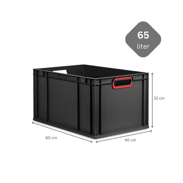 Eurobox NextGen Color, HxBxT 32x40x60cm, 65 Liter, Griffe rot offen, Verstärkter Boden, Schwarz, Eurobehälter, Transportbox, Transportbehälter, Stapelbehälter