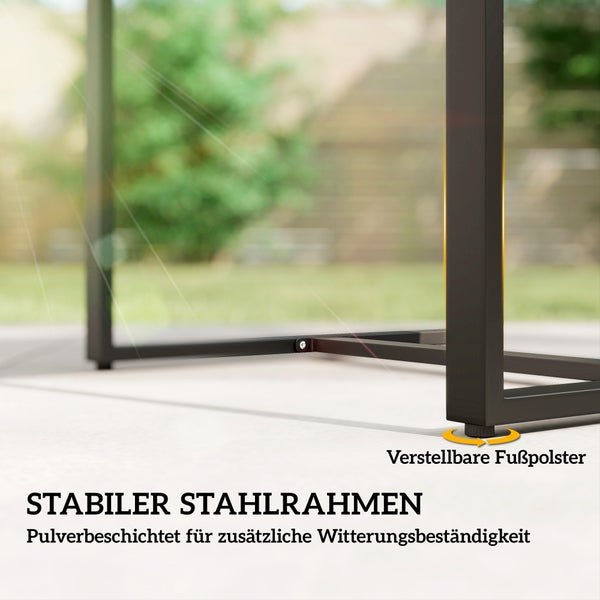 Stabiler Stahlrahmen, pulverbeschichtet für Witterungsbeständigkeit mit verstellbaren Fußpolstern.